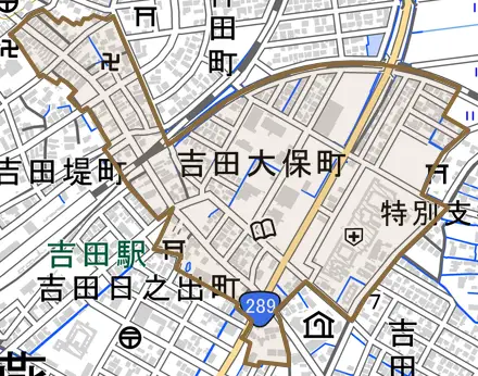 吉田大保町とその周辺の地図。町の範囲を重ねている