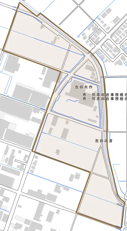 吉田浜首とその周辺の地図。町の範囲を重ねている