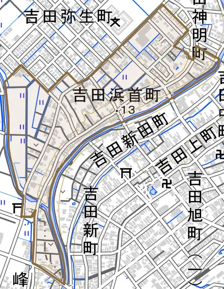 吉田浜首町とその周辺の地図。町の範囲を重ねている