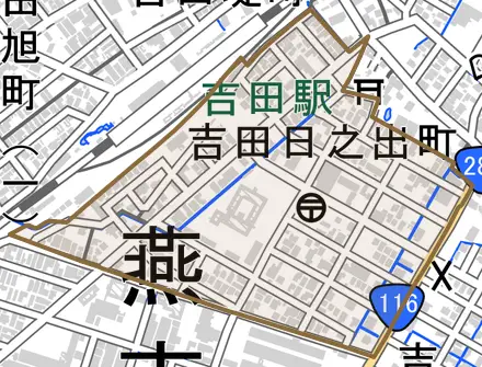 吉田日之出町とその周辺の地図。町の範囲を重ねている