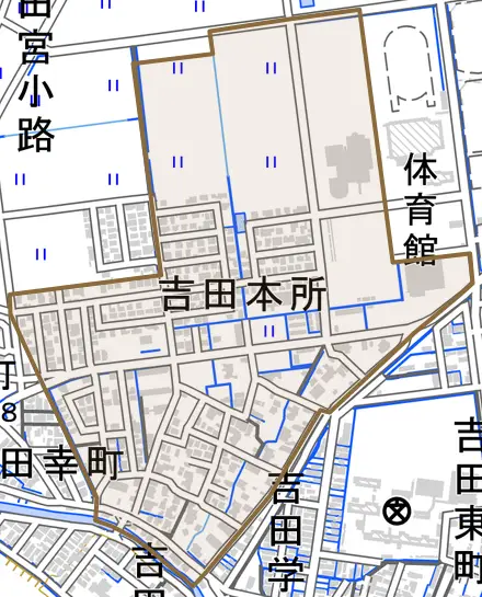 吉田本所とその周辺の地図。町の範囲を重ねている