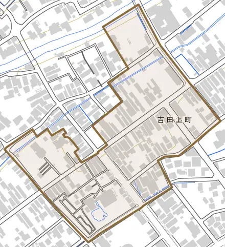 吉田上町とその周辺の地図。町の範囲を重ねている