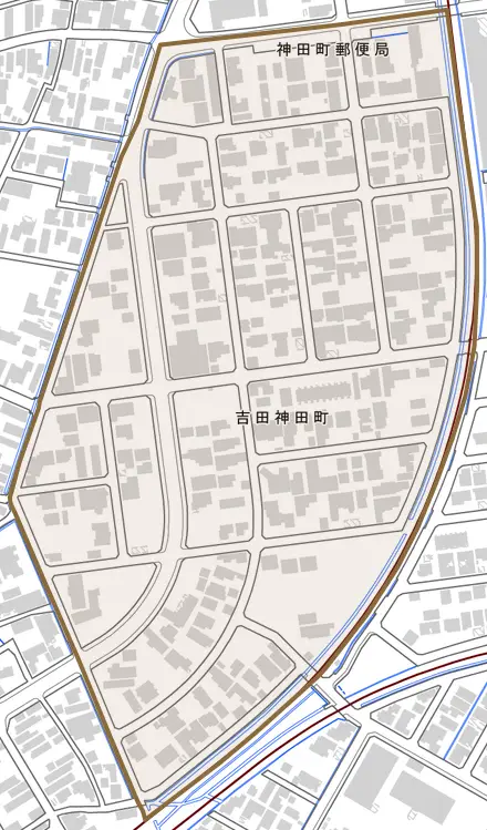 吉田神田町とその周辺の地図。町の範囲を重ねている