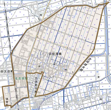 吉田鴻巣とその周辺の地図。町の範囲を重ねている