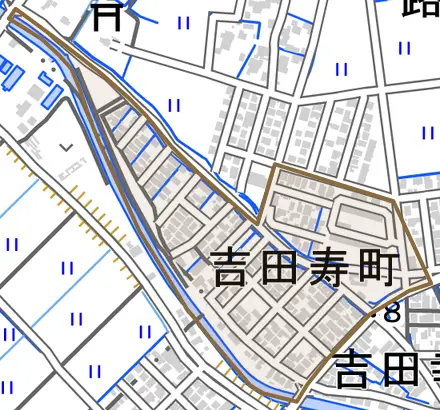 吉田寿町とその周辺の地図。町の範囲を重ねている