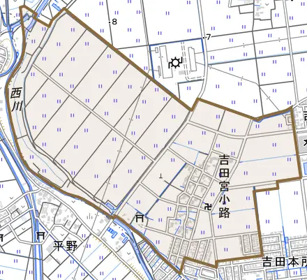 吉田宮小路とその周辺の地図。町の範囲を重ねている