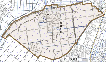 吉田本町とその周辺の地図。町の範囲を重ねている