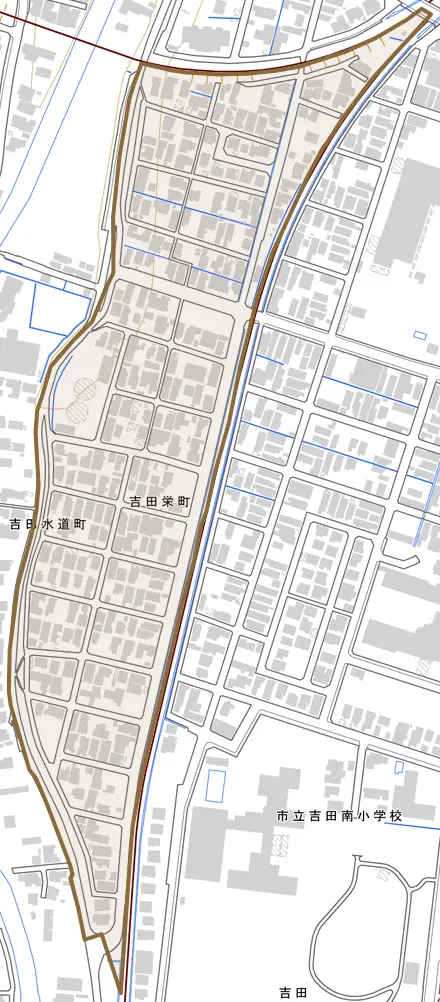吉田栄町とその周辺の地図。町の範囲を重ねている