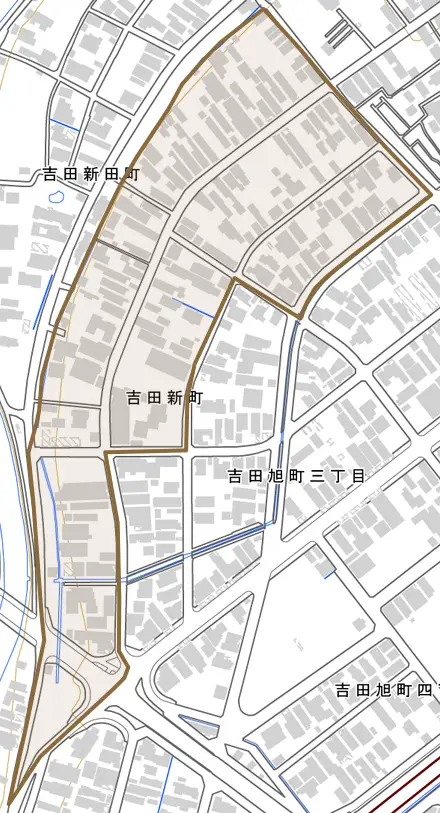 吉田新町とその周辺の地図。町の範囲を重ねている