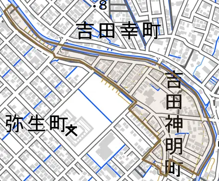 吉田神明町とその周辺の地図。町の範囲を重ねている