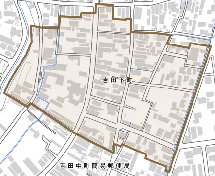 吉田下町とその周辺の地図。町の範囲を重ねている