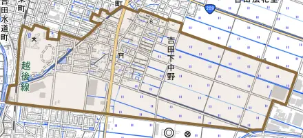 吉田下中野とその周辺の地図。町の範囲を重ねている