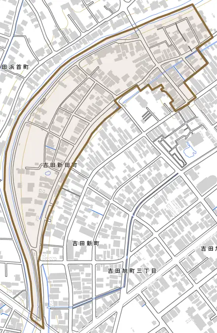 吉田新田町とその周辺の地図。町の範囲を重ねている