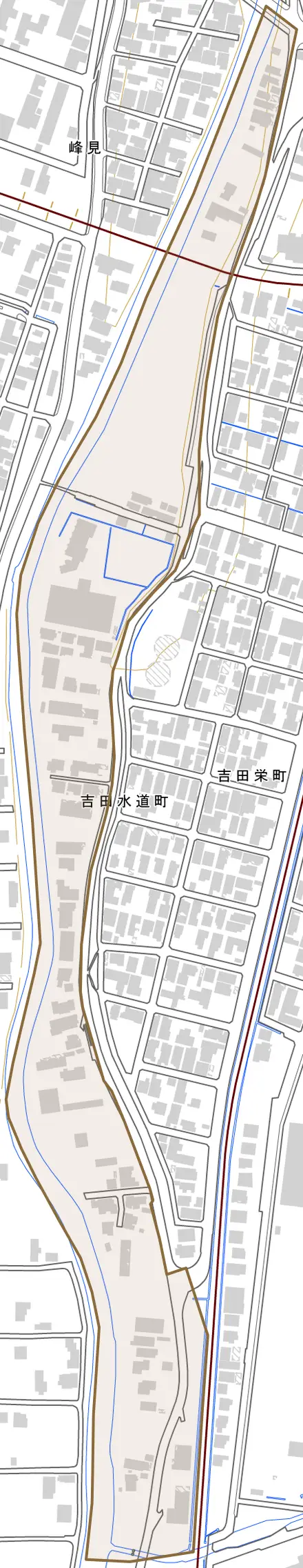 吉田水道町とその周辺の地図。町の範囲を重ねている