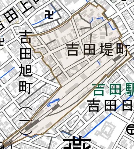 吉田堤町とその周辺の地図。町の範囲を重ねている
