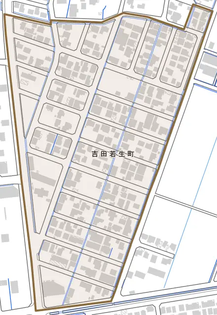 吉田若生町とその周辺の地図。町の範囲を重ねている