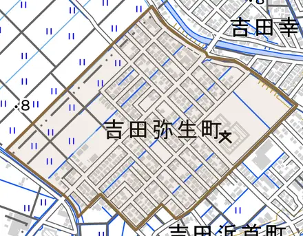 吉田弥生町とその周辺の地図。町の範囲を重ねている