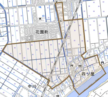 四ツ屋とその周辺の地図。町の範囲を重ねている