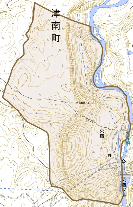 大字穴藤とその周辺の地図。町の範囲を重ねている