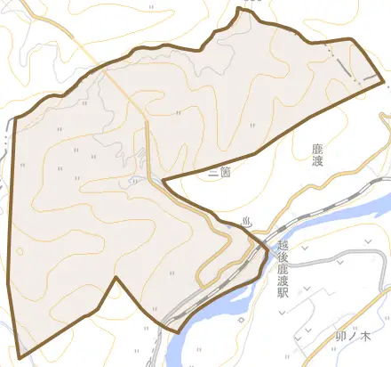大字三箇乙とその周辺の地図。町の範囲を重ねている