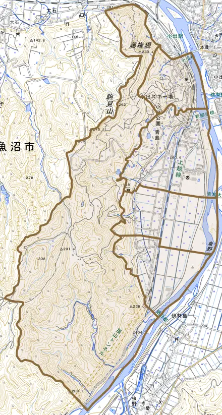 青島とその周辺の地図。町の範囲を重ねている