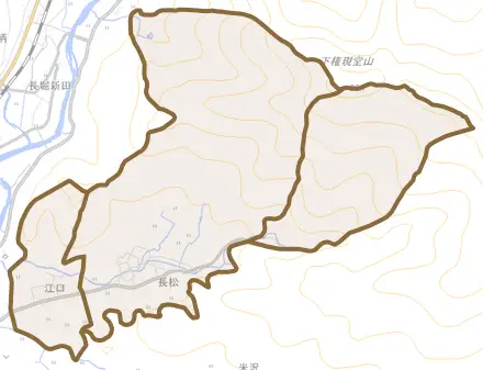 江口とその周辺の地図。町の範囲を重ねている