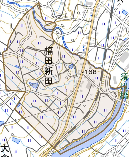 福田新田とその周辺の地図。町の範囲を重ねている
