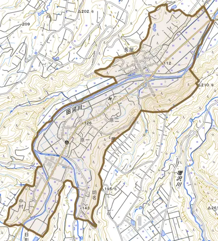 原とその周辺の地図。町の範囲を重ねている
