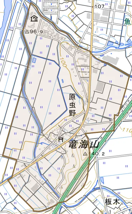 原虫野とその周辺の地図。町の範囲を重ねている