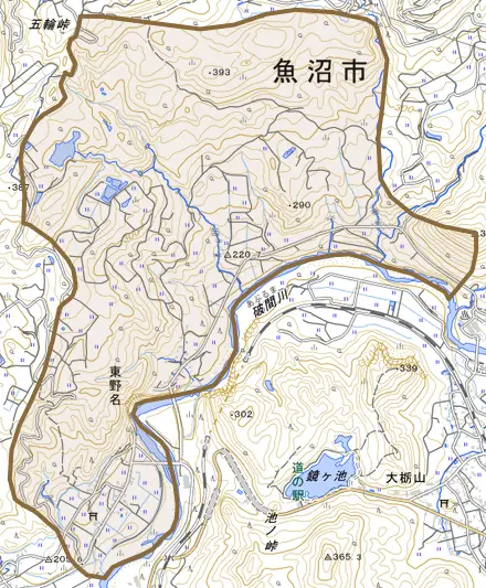 東野名とその周辺の地図。町の範囲を重ねている
