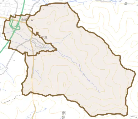 干溝とその周辺の地図。町の範囲を重ねている