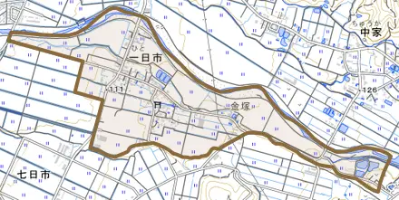 一日市とその周辺の地図。町の範囲を重ねている