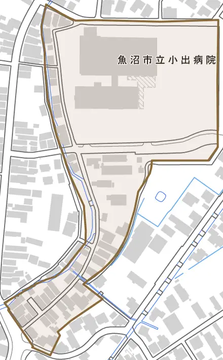 日渡新田とその周辺の地図。町の範囲を重ねている