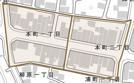 本町とその周辺の地図。町の範囲を重ねている