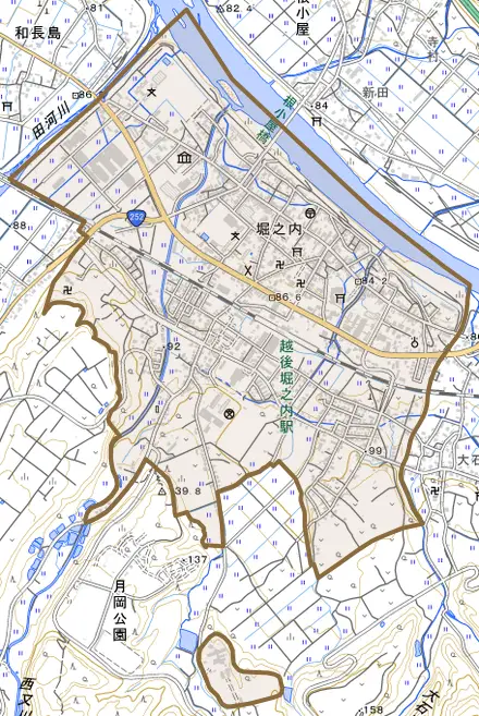 堀之内とその周辺の地図。町の範囲を重ねている
