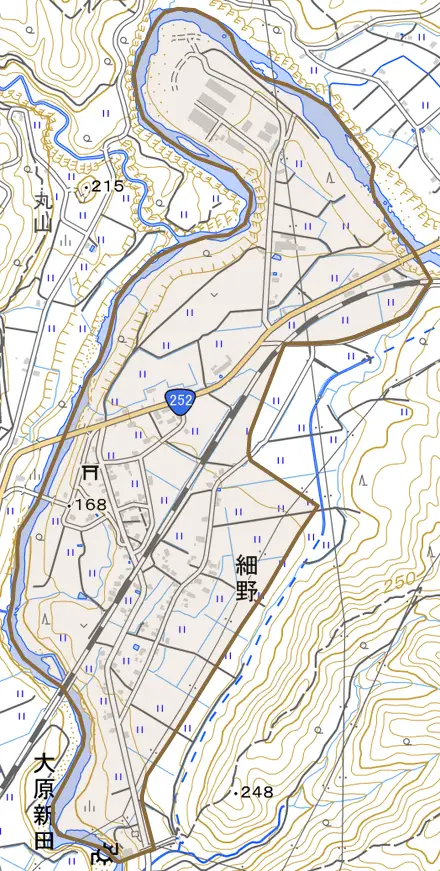 細野とその周辺の地図。町の範囲を重ねている
