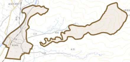 今泉とその周辺の地図。町の範囲を重ねている