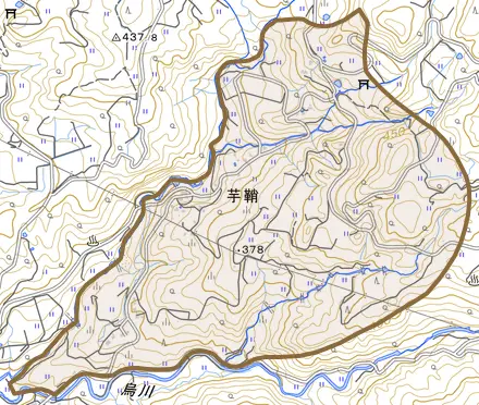 芋鞘とその周辺の地図。町の範囲を重ねている