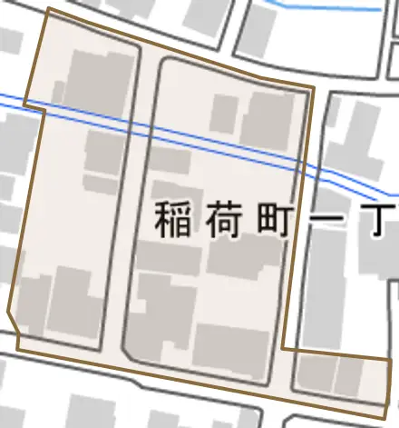 稲荷町とその周辺の地図。町の範囲を重ねている