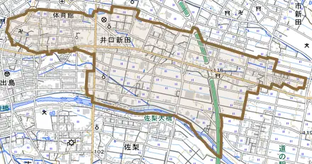 井口新田とその周辺の地図。町の範囲を重ねている