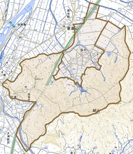板木とその周辺の地図。町の範囲を重ねている