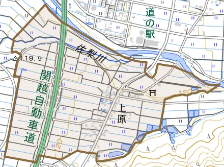 上原とその周辺の地図。町の範囲を重ねている