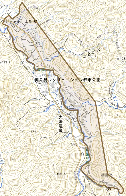 上折立とその周辺の地図。町の範囲を重ねている