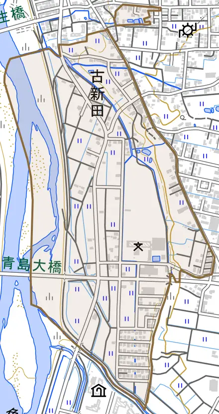 古新田とその周辺の地図。町の範囲を重ねている