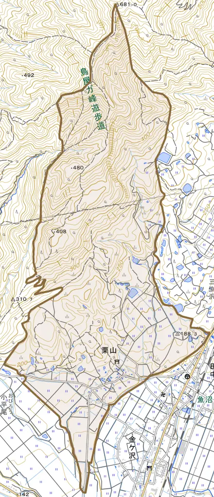 栗山とその周辺の地図。町の範囲を重ねている
