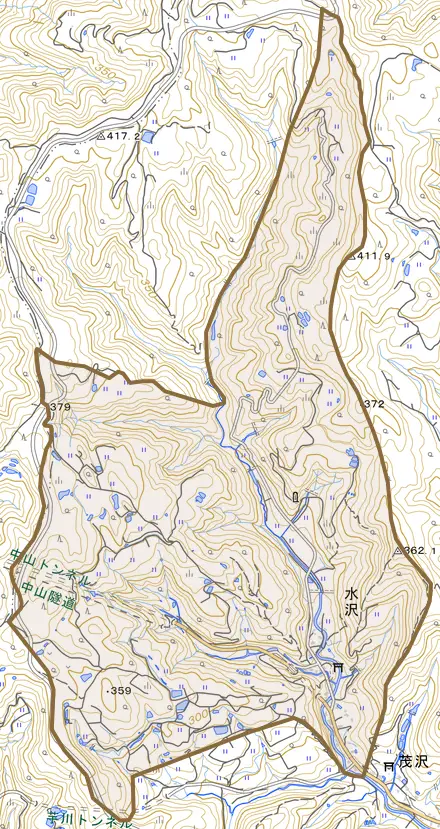 水沢とその周辺の地図。町の範囲を重ねている