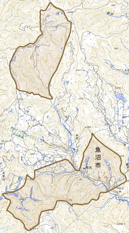 茂沢とその周辺の地図。町の範囲を重ねている