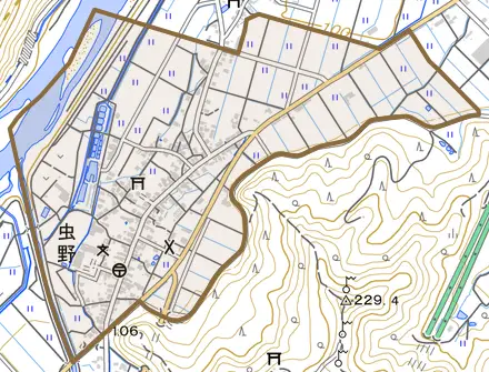 虫野とその周辺の地図。町の範囲を重ねている