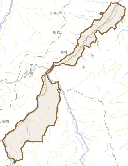 明神とその周辺の地図。町の範囲を重ねている