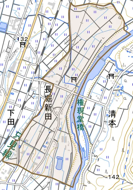 長堀新田とその周辺の地図。町の範囲を重ねている